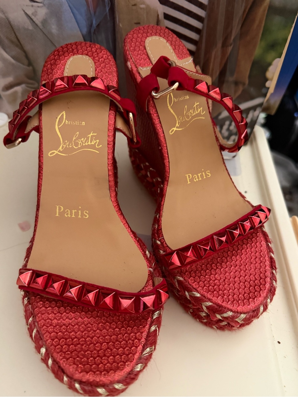 Red Studded Espadrille Wedge Sandals